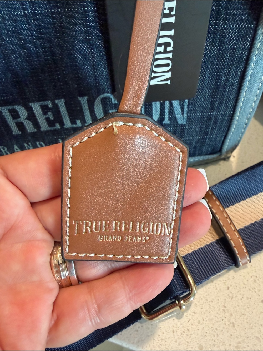 True Religion Navy Denim Tote with Tan Leather Handles - Picture 9 of 10